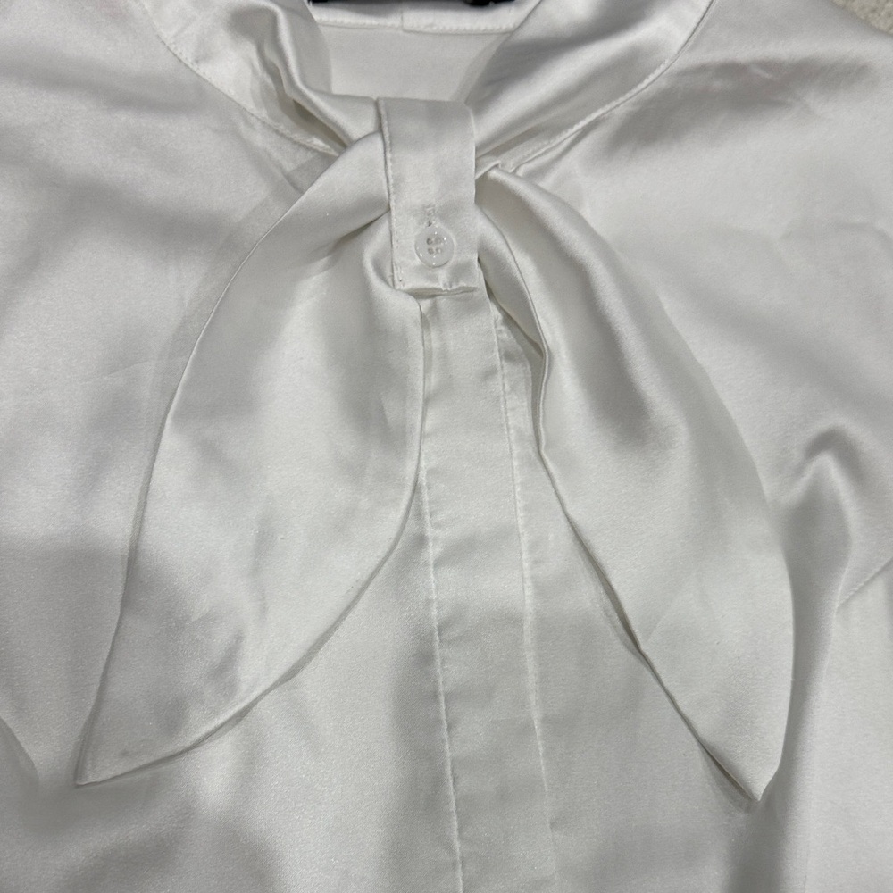 Allegra K White Satin Blouse with Bow Detail